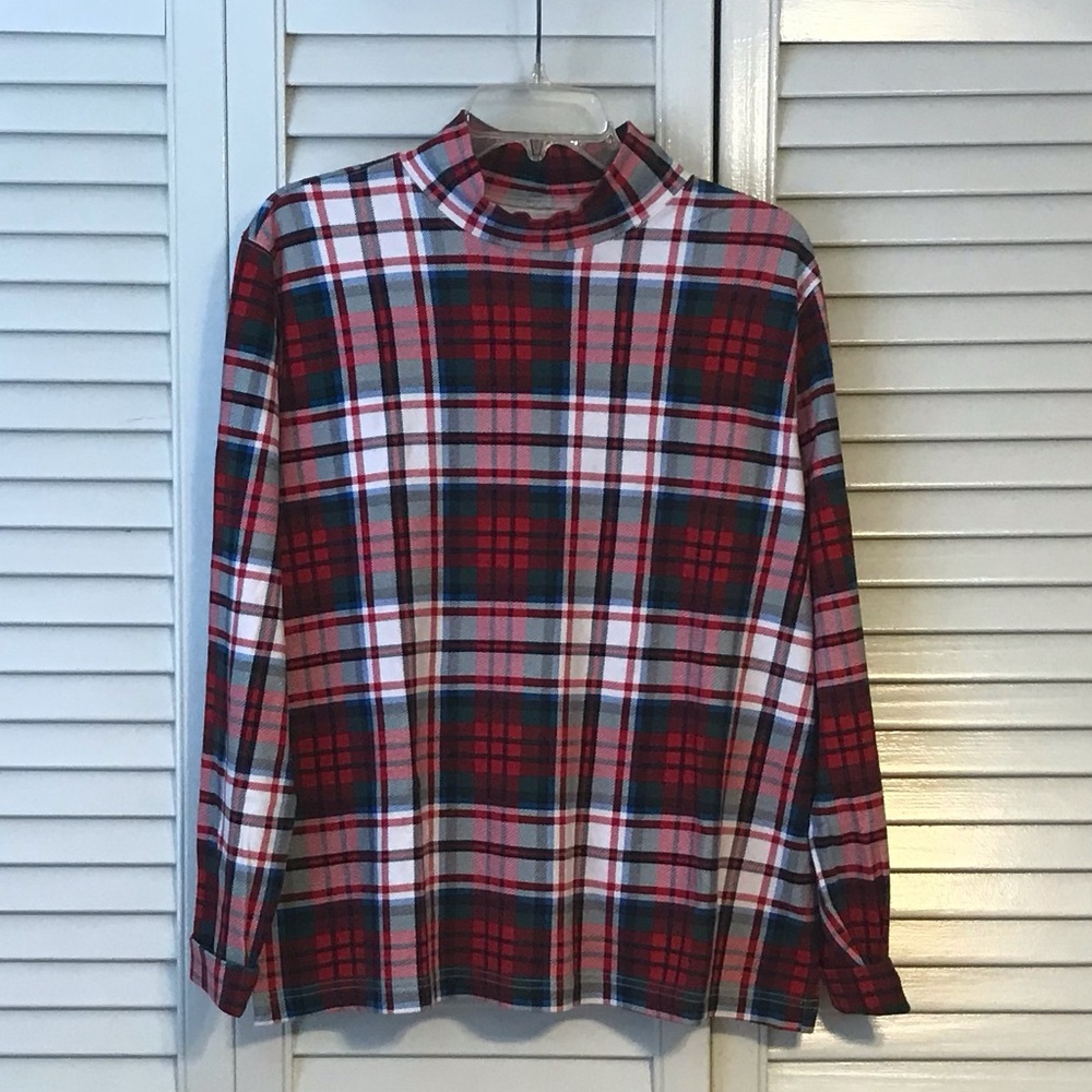Lands' End Women's Plaid Mockneck Sweater - Red, Blue, White